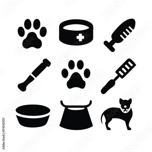 Solid Black Pictogram Style: Dog Paw, Cat Face, Grooming Brush, Pet Food Bowl