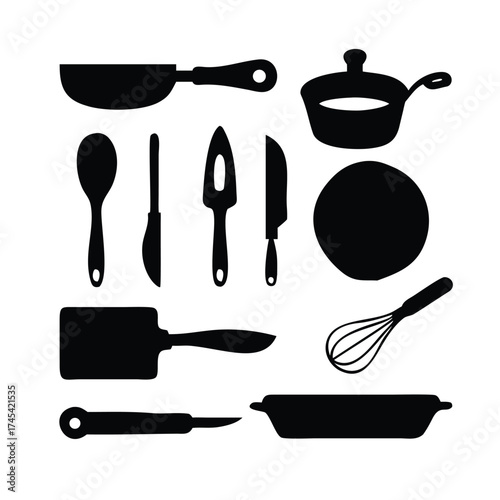 Solid Black Silhouette Style: Frying Pan, Whisk, Knife, Rolling Pin, Pot, Ladle