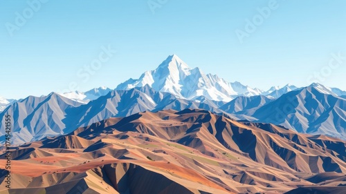 A scenic view of a mountain range with snow capped peaks under a clear blue sky on a sunny day