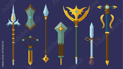 A collection of fantasy game weapons including swords bows and magic staffs intricately designed and displayed as if on a wall of a fantasy armory.