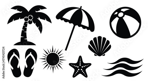 Beach vacation icons palm tree umbrella starfish flip flops