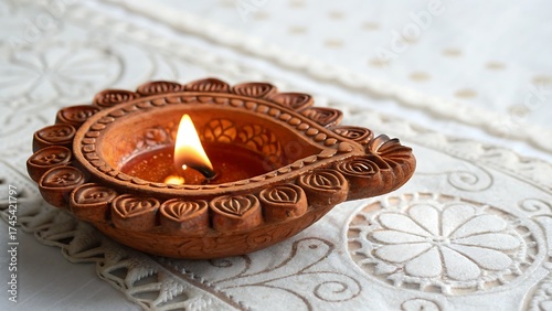 Traditional Clay Diya Oil Lamp Lit for Diwali Festival Celebration