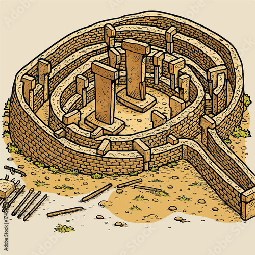 Detailed illustration of an ancient archaeological site showcasing unearthed prehistoric megalithic stone pillars and circular enclosures, depicting an early human temple complex