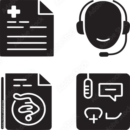 A set of four medical icons representing a medical record, support, snake, and medical advice symbols