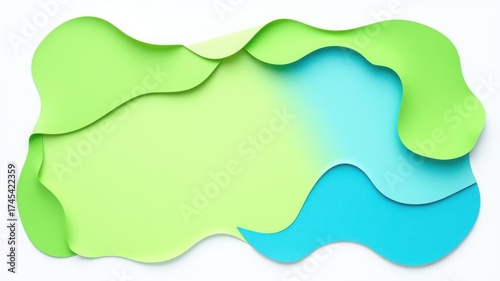 Abstract layered paper art with green and blue hues creating a wavy organic shape on white background