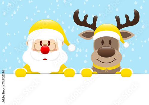 Weihnachtsmann Und Rentier Halten Horizontales Banner Regen Blau