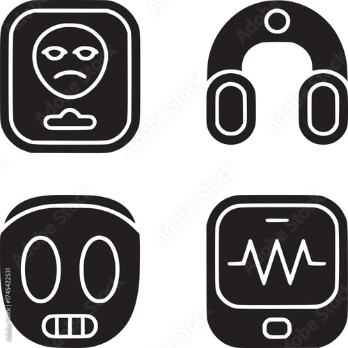 Four black and white icons depicting a sad face headphones a robot face and a phone with a wave
