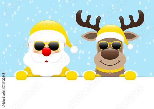 Weihnachtsmann Und Rentier Sonnenbrille Halten Horizontales Banner Regen Blau
