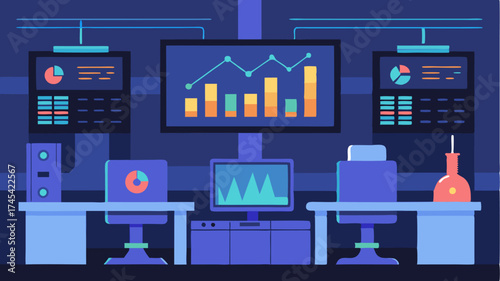 A control room filled with large screens displaying realtime data analytics and factory performance metrics managed by AI systems.