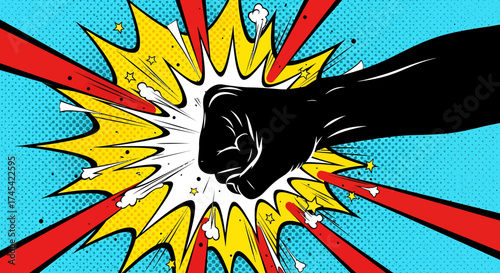 Comic Book Style Punch with Bursting Yellow and Red Rays