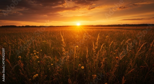 Sunset Over Golden Field with Silhouetted Cityscape Under Cloudy Sky with Warm Tones