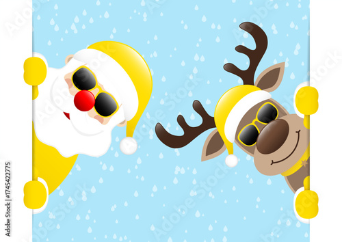 Großer Weihnachtsmann Und Rentier Sonnenbrille Banner Innen Regen Blau