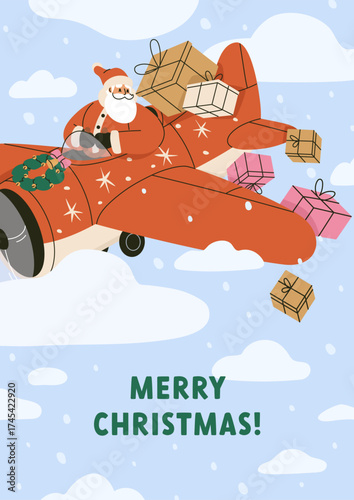 Merry Christmas card with Santa Claus with gifts on airplane. Delivering wint...