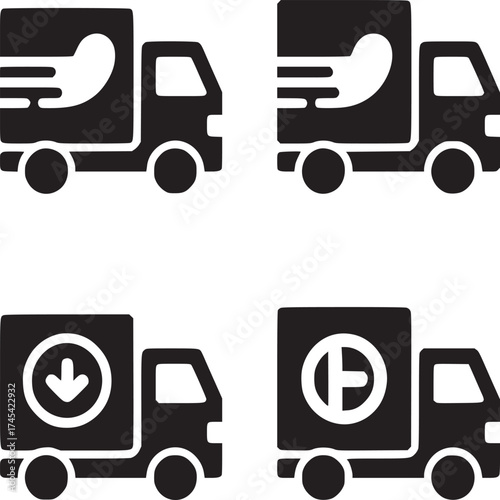 Four delivery truck icons in black and white showing different symbols on the truck cargo area sides