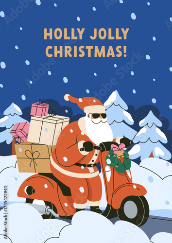 Merry Christmas card. Xmas poster design with Santa Claus riding motorbike, m...