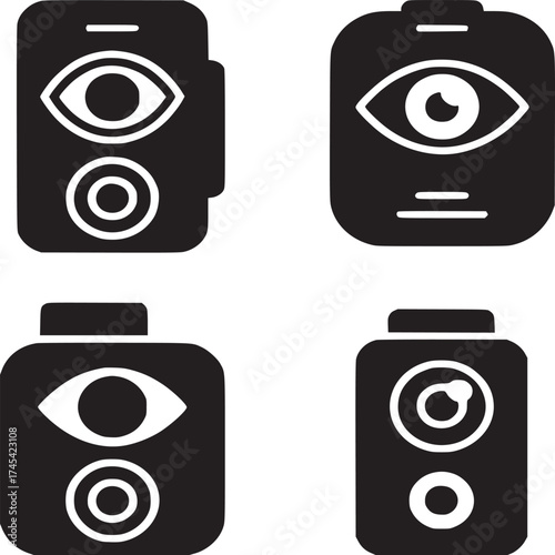 Four black and white eye icons with circular elements arranged in a simple grid pattern design style