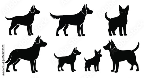 Black dog silhouettes various poses animal canine