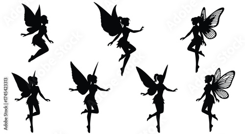 Black fairy silhouettes with wings white background