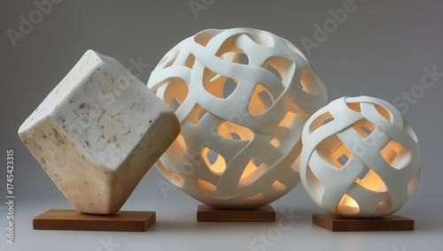 Contemporary abstract sculptures with geometric forms and warm light, modern minimal design in neutral tones, artistic decor objects combining texture, structure, and elegant balance for interior styl