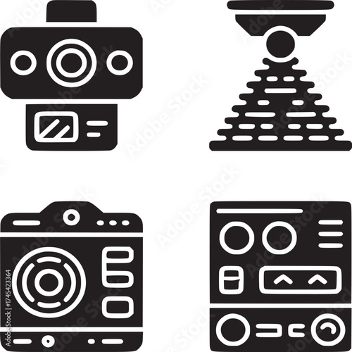 A collection of four distinct black and white icons featuring various electronic devices and symbols