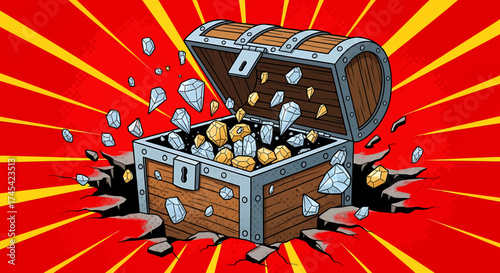 Exploding Treasure Chest Overflowing with Sparkling Gems and Jewels