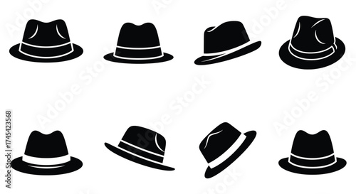 Black fedora hats in various angles silhouette fashion