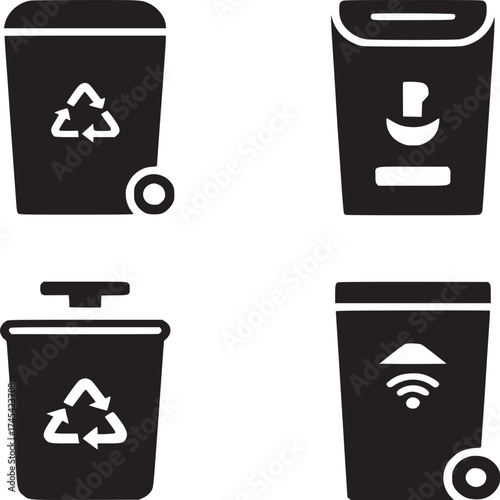 A graphic of four different black trash cans with various symbols on a white background surface