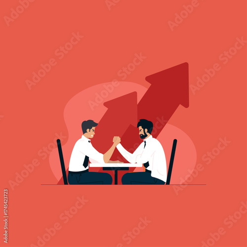 Arm wrestling and business competition businessman fighting and struggling for leadership or growth