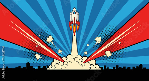 Retro Rocket Launching Above City in Comic Book Style