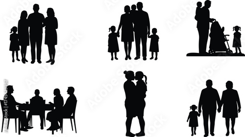 Silhouette of family with children, parents spending time together, love, care, parenting, bonding, relationship, happiness, lifestyle, unity, affection illustration
