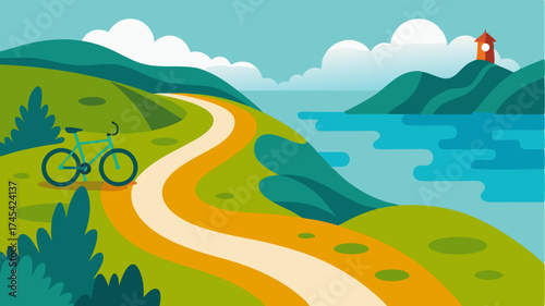 A bike trail meandering through a scenic coastal landscape promoting ecofriendly transportation options for exploring nature.