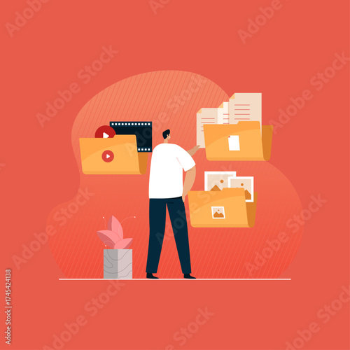 Vector digital archive illustration, concept of file folder management, business data, content arrangement