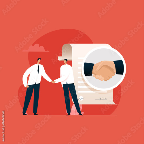 Vector business agreement illustration concept, businesspeople shaking hands, joint venture partnership
