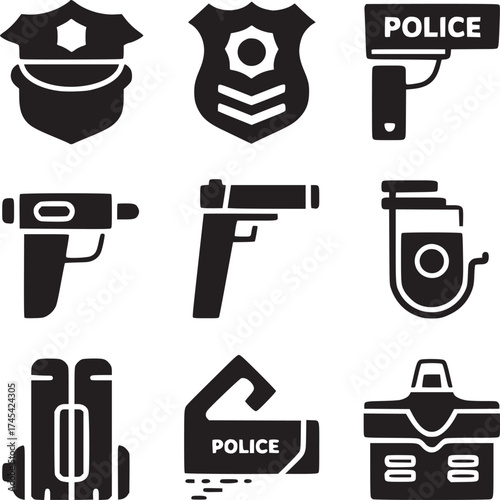 Police equipment icons showing a hat badge guns taser vest riot shield and briefcase in black and white