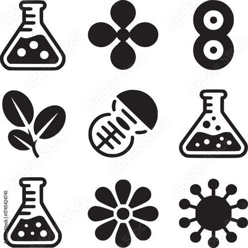 A collection of science and nature icons in black outline on a white background arranged in a grid