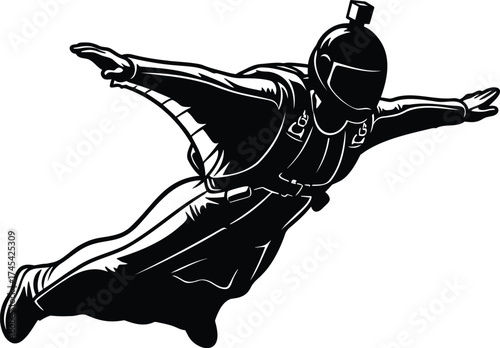 Wingsuit Flyer Silhouette Vector – Skydiving and Base Jumping Extreme Sport Icon with Helmet and Action Camera Mount