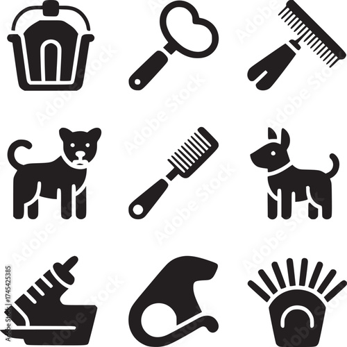 A collection of black and white pet related icons including dogs grooming items and other pet supplies
