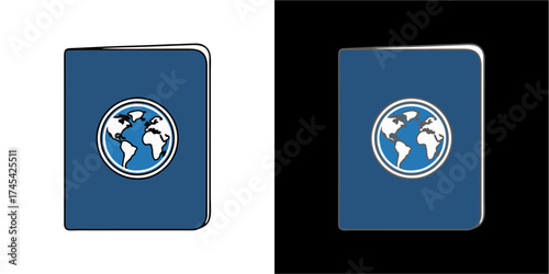 Passport illustration on a white and black background, featuring a globe emblem on the cover.