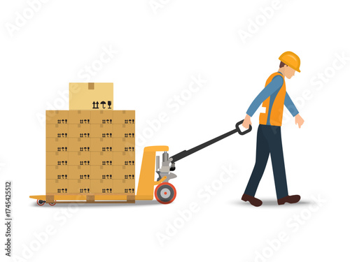 One worker is moving heavy boxes of goods by the hand pallet truck on white background. Vector illustration EPS 10.