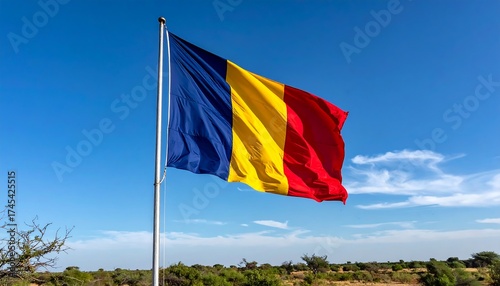 National flag waving in a vibrant blue, yellow, and red tricolor