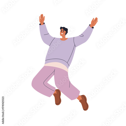 Happy excited man flying, jumping up with joy expression. Energetic joyful carefree pose in air, fun movement. Person rejoicing in hop, leap. Flat vector illustration isolated on white background.