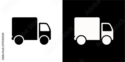 Two delivery truck icons, one black on white, the other white on black, side by side.