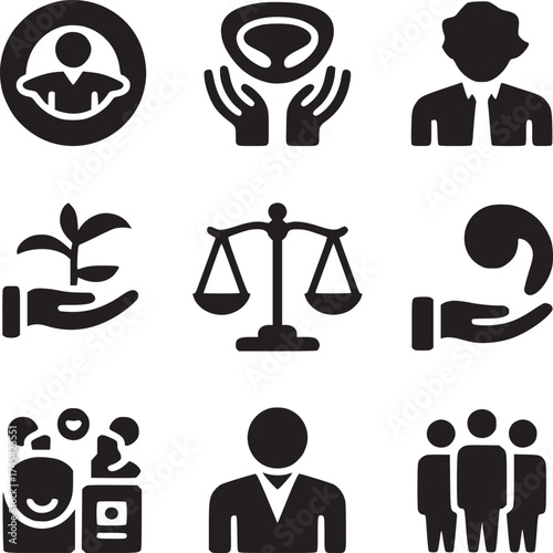 A collection of nine black icons on a white background depicting various concepts and symbols