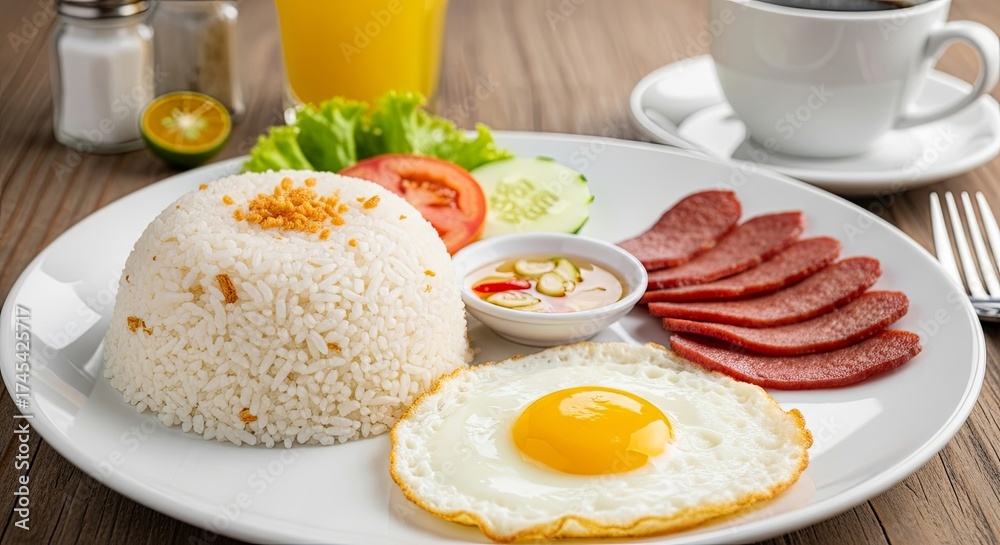 Fototapeta premium Delicious Filipino Breakfast: Garlic Rice, Fried Egg, Sausage, Coffee, and Juice.