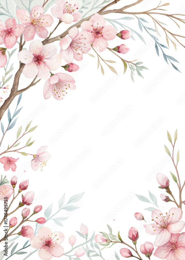 Naklejka premium A floral illustration featuring delicate pink cherry blossoms and green leaves on a black background, creating an elegant framing effect.