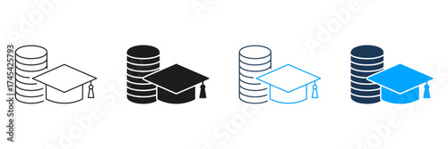 Graduation Cap And Coin Stack Line And Solid Icon Set. Education Funding, Scholarship, And Financial Aid Symbol Collection. Academic Investment And Tuition Savings. Isolated Vector Illustration