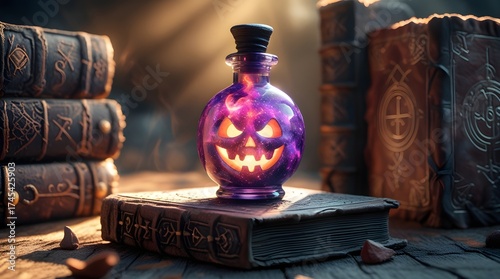 Mysterious halloween potion bottle with jack o lantern face glowing on old books