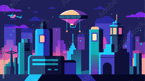 A cityscape under a night sky filled with drone taxis vibrant digital billboards and illuminated pedestrian walkways creating a lively atmosphere.
