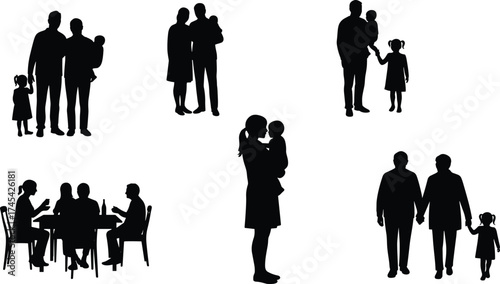Silhouette of family spending time together, parents with children, family love, caring relationship, parenting, bonding, unity, affection, happiness illustration