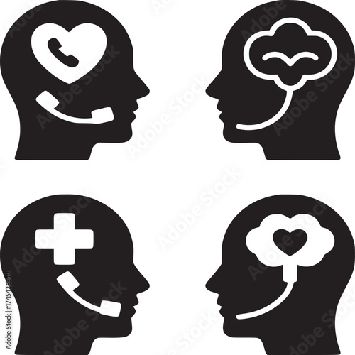 Four head silhouettes with different mental health and emotional support symbols in black and white